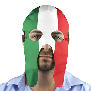 Front view of a Mexico fan wearing the green, white, and red detachable mask
