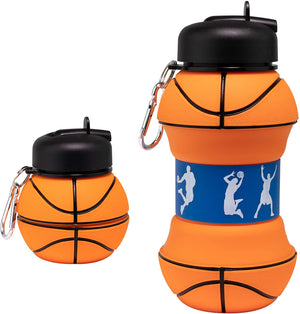 Pro Ball Sports Collapsible Silicone Basketball Water Bottle for Kids, 500 ml. (18 oz), BPA-Free with clip, Leak-Proof Spout, Portable Sports Drink Bottle - 8722